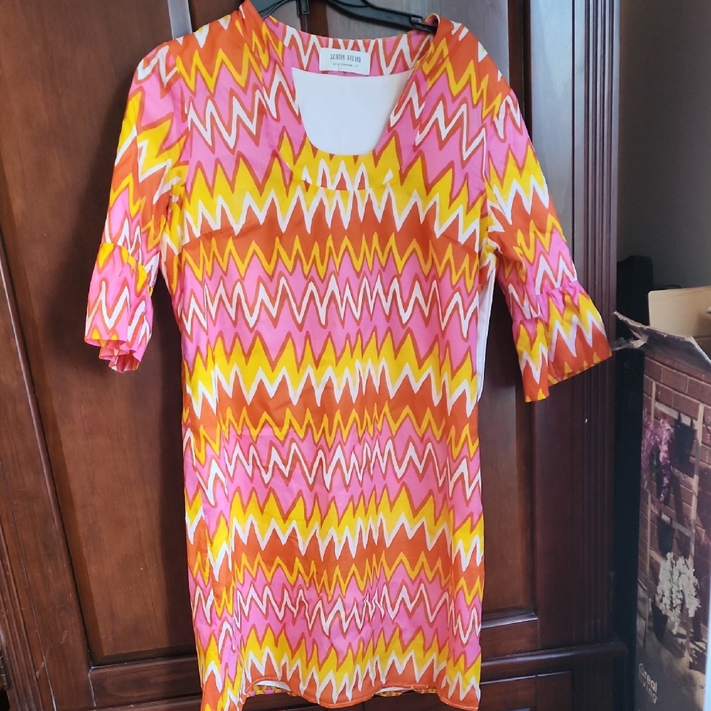 Skirtin Around Pink and Yellow Zigzag Midi Dress